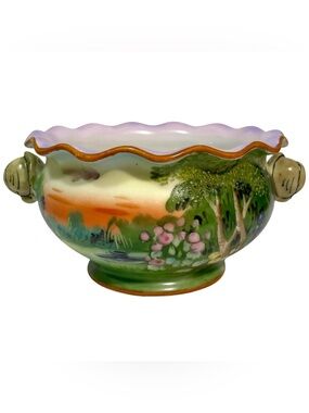Antique 1920s Noritake Double Handle Hand Painted Garden Scenery Dish Japan